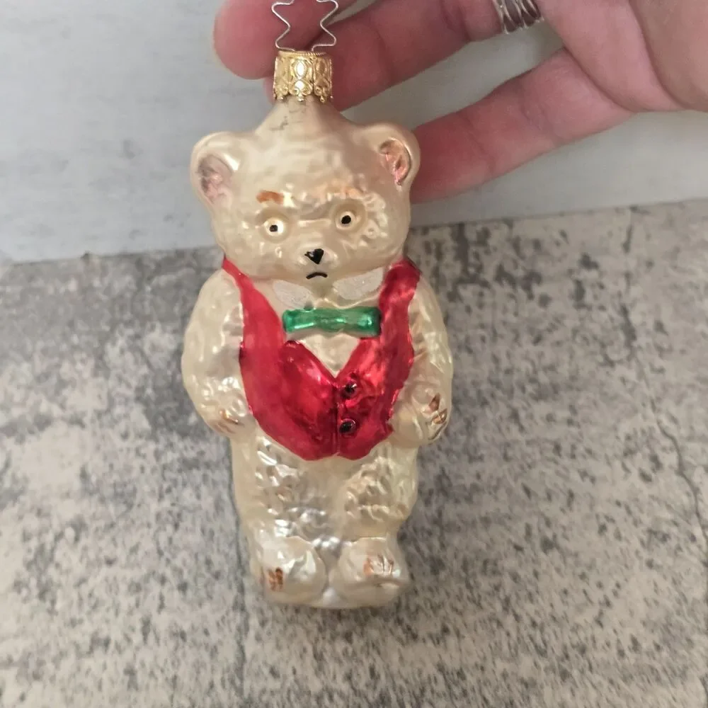 Old World Christmas Ornament Blown Glass Teddy Bear in Vest Bowtie Cute 4.5